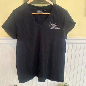 Harley-Davidson Womens V-Neck T-Shirt With Skull & Roses Graphic Black L